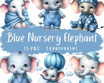 Blue Nursery Elephant Clipart Bundle 15 PNG High Quality Watercolor Nursery Babyshower Boy Elephant Printable Digital Stickers Cute Elephant