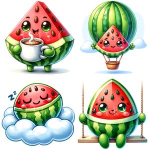 Watermelon Character Clipart Bundle 15 PNG High Quality Kawaii Watermelon Fruit Digital Art Watercolor Fruit Ilustrations Printable Graphics image 5