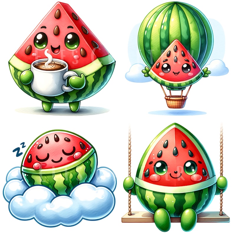Watermelon Character Clipart Bundle 15 PNG High Quality Kawaii Watermelon Fruit Digital Art Watercolor Fruit Ilustrations Printable Graphics image 5