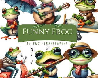 Funny Frog Clipart Bundle 15 PNG Watercolor Cute Quirky Frog Lover Digital Download Funny Quirky Animals Printable Stickers Digital Wall Art