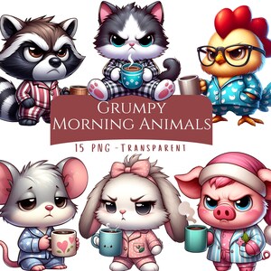 Pacchetto di clipart di animali del mattino scontroso 15 PNG Download digitale di simpatici animali del mattino eccentrici, carta stampabile, clipart di animali del caffè sciocchi