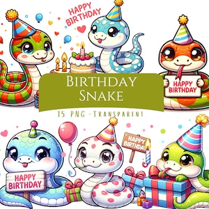 Birthday Snake Clipart Bundle 15 PNG Digital Download Files Cute Cartoon Snake Reptile Birthday Printable Card Art Snake Lover Gift Graphics