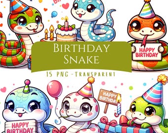 Birthday Snake Clipart Bundle 15 PNG Digital Download Files Cute Cartoon Snake Reptile Birthday Printable Card Art Snake Lover Gift Graphics