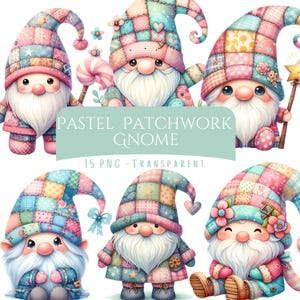 May include: A collection of pastel patchwork gnomes with long white beards, rosy cheeks, and whimsical hats. The gnomes are adorned with patchwork patterns in shades of pink, blue, and green. The image includes the text "PASTEL PATCHWORK GNOME" and "15 PNG - TRANSPARENT".