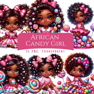African American Candy Girl Clipart Bundle 15 PNG High Quality Cartoon Cute Quirky Curly Hair Sweet Candy Girl Digital Download Printables