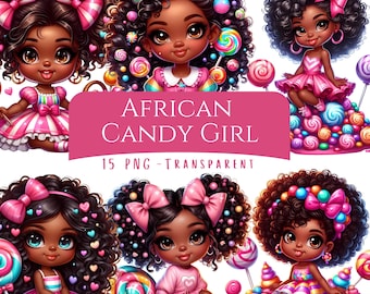 African American Candy Girl Clipart Bundle 15 PNG High Quality Cartoon Cute Quirky Curly Hair Sweet Candy Girl Digital Download Printables
