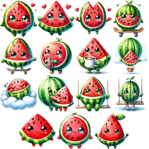 Watermelon Character Clipart Bundle 15 PNG High Quality Kawaii Watermelon Fruit Digital Art Watercolor Fruit Ilustrations Printable Graphics image 7