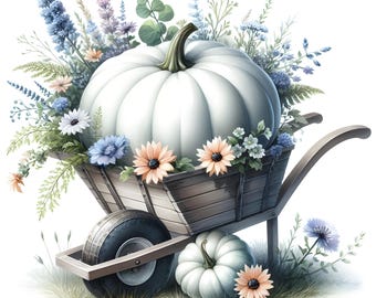 15 JPG White Pumpkin Wheelbarrow Watercolor Autumn Pumpkin Garden Digital Download Thanksgiving Clipart Vintage Fall Garden Journal Images