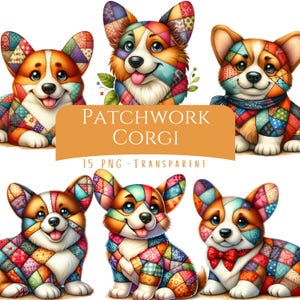 Patchwork Corgi Clipart Bundle 15 PNG High Quality Cute Watercolor Quilted Corgi Digital Download Printable Art Files Cute Corgi Puppy Pngs