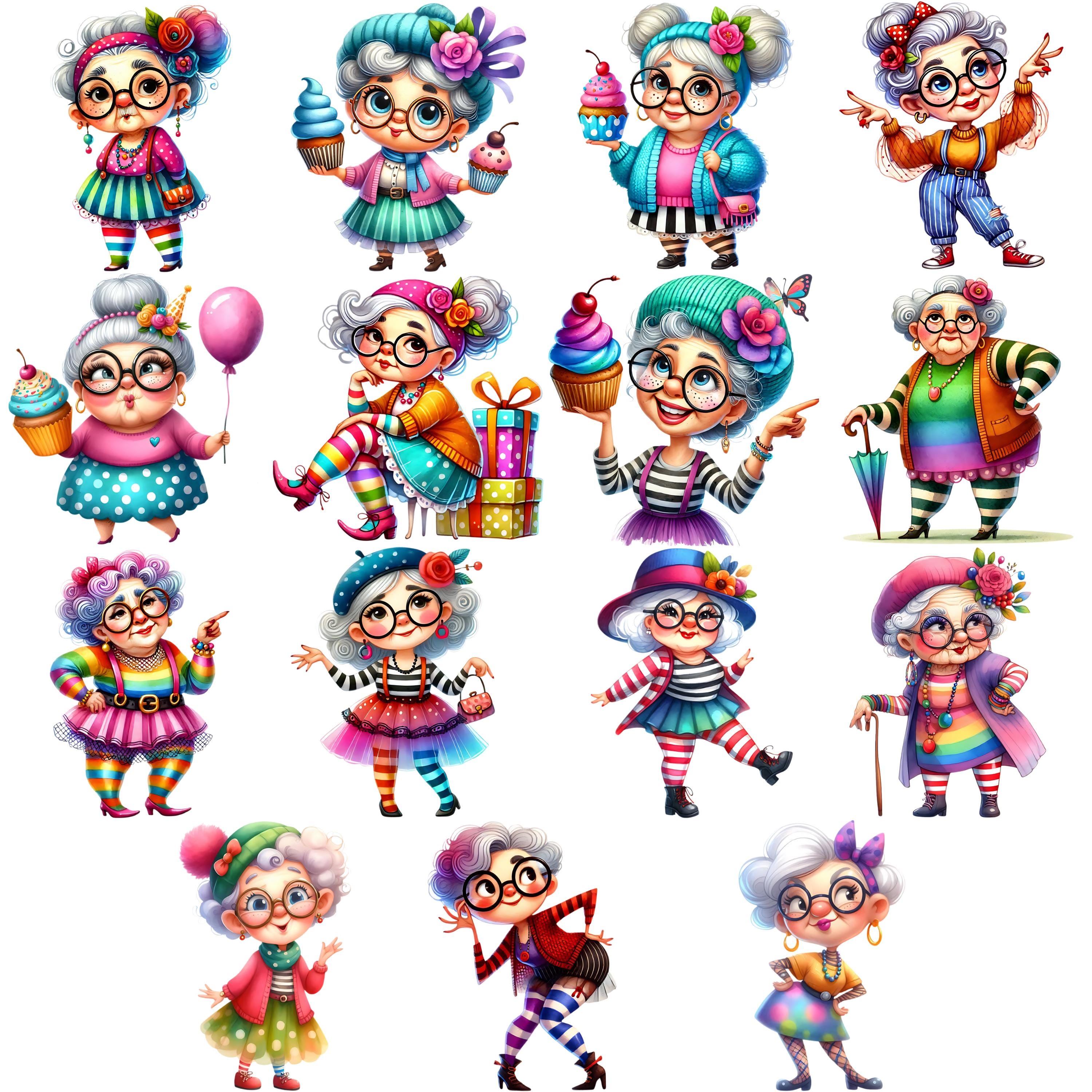 Quirky Old Lady Clipart Bundle 15 PNG High Quality Watercolor Quirky ...