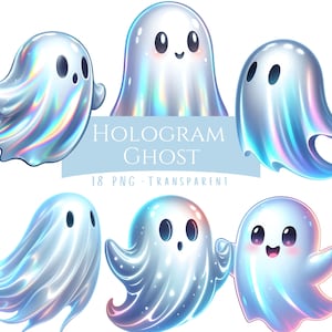 Può includere: Sei illustrazioni di fantasmi olografici con espressioni diverse. I fantasmi hanno un effetto brillante e iridescente. Un banner azzurro mostra il testo "HOLOGRAM GHOST", con "18 PNG - TRANSPARENT" scritto sotto.
