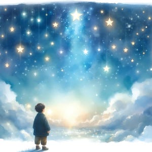 Lot de 15 oeuvres d'art numérique nuit étoilée garçon, peinture aquarelle style étoiles de nuit, paysage, téléchargement numérique, rêve, observation des étoiles, enfant, JPG