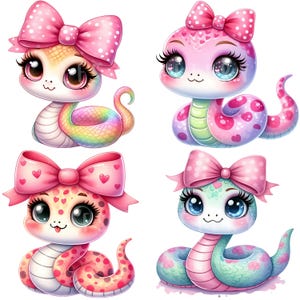 Girly Snake Clipart Bundle 15 PNG High Quality Cute Watercolor Pink Snake Digital Download Printable Art Files Pastel Color Reptiles Pngs image 5