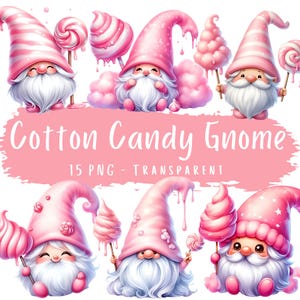 Pacote de clipart de gnomo de algodão doce com 15 PNG de alta qualidade, aquarela pastel, doces, gnomo, fantasia, download digital, adesivos de gnomo de verão para impressão