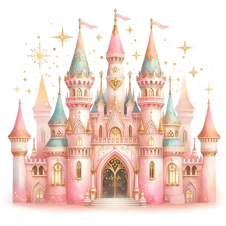 Pode incluir: Um castelo rosa e dourado com m&uacute;ltiplas torres e uma grande porta de entrada adornada. O castelo &eacute; cercado por estrelas brilhantes.