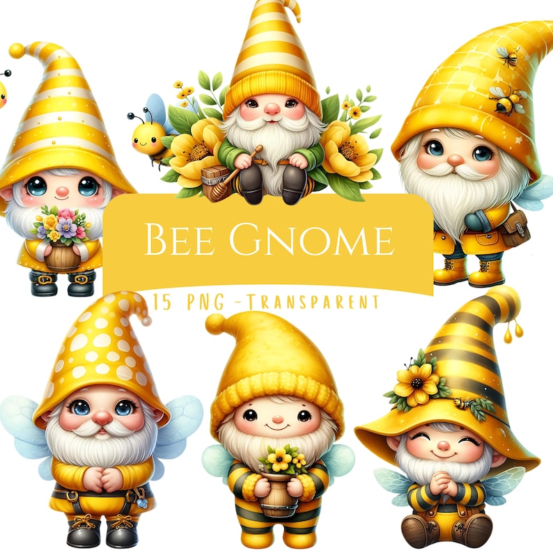 Bee Gnome Clipart Bundle 15 PNG High Quality Watercolor Cute Yellow ...