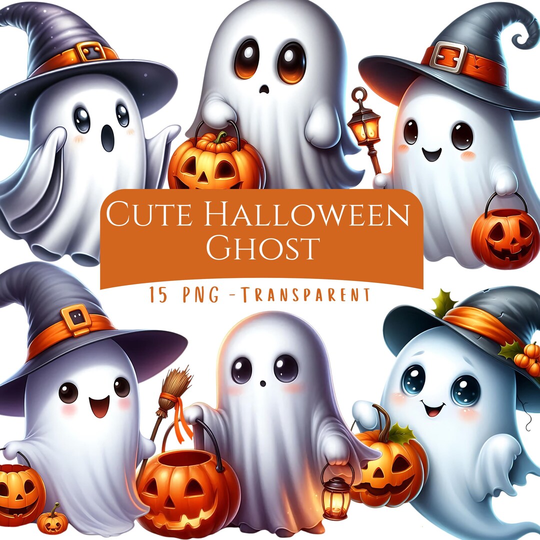 Cute Halloween Ghost Clipart Bundle 15 PNG High Quality Cartoon Cute