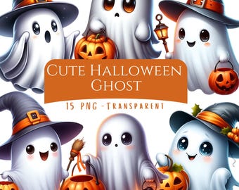 Cute Halloween Ghost Clipart Bundle 15 PNG High Quality Cartoon Cute Ghost Digital Download Halloween Printable Card Fall Journal Stickers