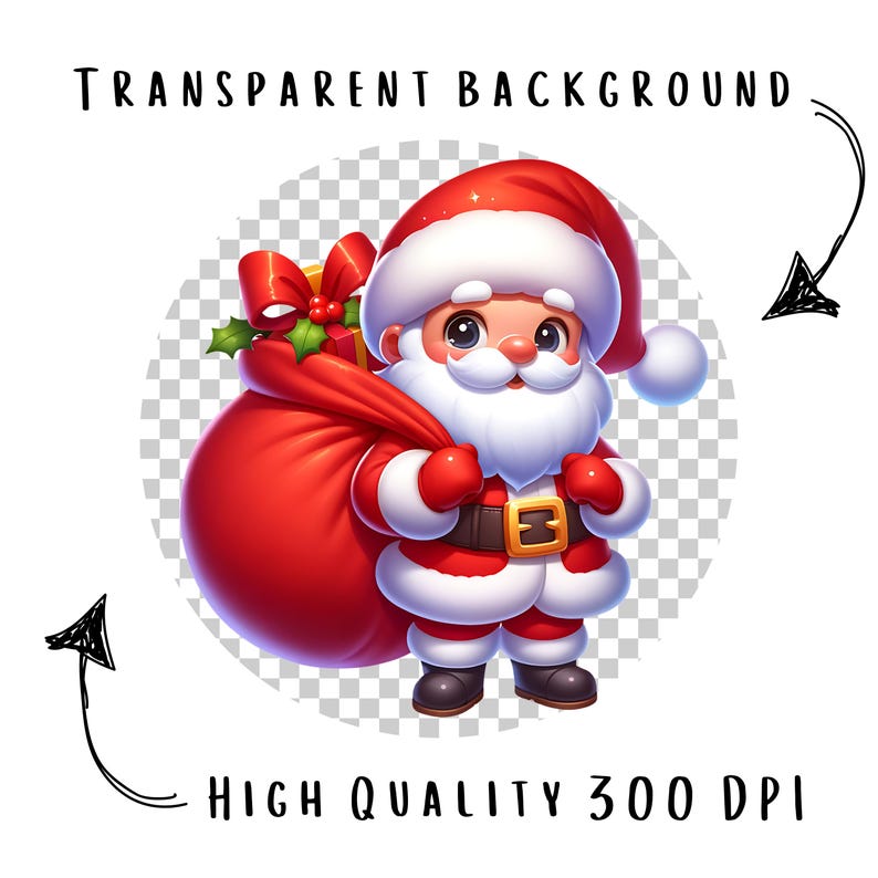 May include: A cartoon illustration of Santa Claus, wearing a red suit with white trim, a matching hat, and a large red sack filled with gifts. The image has the text "TRANSPARENT BACKGROUND" and "HIGH QUALITY 300 DPI".