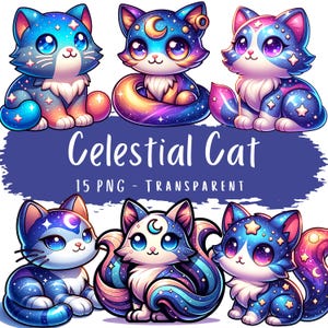 May include: A collection of six cartoon celestial cats in various poses. Each cat features a unique color scheme with blues, purples, and pinks, adorned with stars and crescent moons. The text "Celestial Cat" and "15 PNG - Transparent" are displayed below the cats.