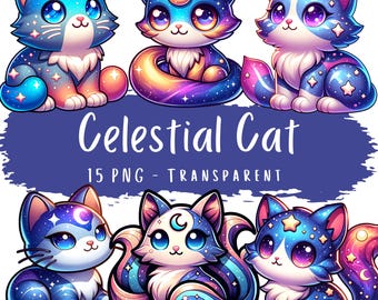Paquete de imágenes prediseñadas de gatos celestiales, 15 archivos PNG transparentes de alta calidad, lindos gatos galácticos, paquete de arte digital, pegatinas imprimibles para álbumes de recortes