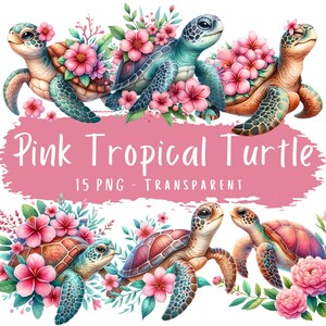 Rosa Schildkröte Clipart Bundle 15 PNG Floral Sommer Meeresschildkröte Digital Download Reptil Png Papier Handwerk niedlichen Tier Clipart Scapbook