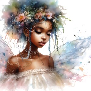 Pacote de clipart de fadas africanas etéreas em JPG com 18 páginas para impressão, aquarela, fadas encantadas, download digital, lindas páginas para impressão de garotas negras, artesanato em papel