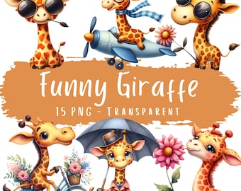 Grappige giraf clipartbundel 15 PNG aquarel schattige eigenzinnige giraf kwekerij safari dieren digitale download grappige dieren afdrukbare muurkunst