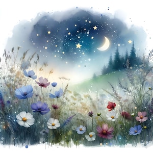 Ensemble d'art numérique prairie nuit étoilée 18 JPG aquarelle peinture à l'huile étoiles nuit paysage téléchargement numérique champ de fleurs sauvages de rêve JPG