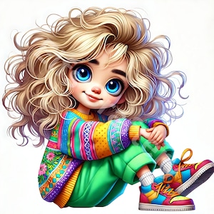 May include: A cartoon illustration of a young girl with big blue eyes and curly blonde hair. She wears a colorful striped sweater, green pants, and multi-colored sneakers. The girl is sitting with her knees up.