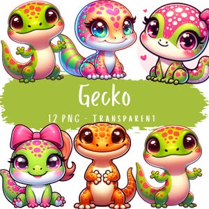 Cute Gecko Clipart Bundle 12 PNG High Quality Cute Reptile Digital Download Colorful Baby Gecko Printable Stickers Junk Journal Images