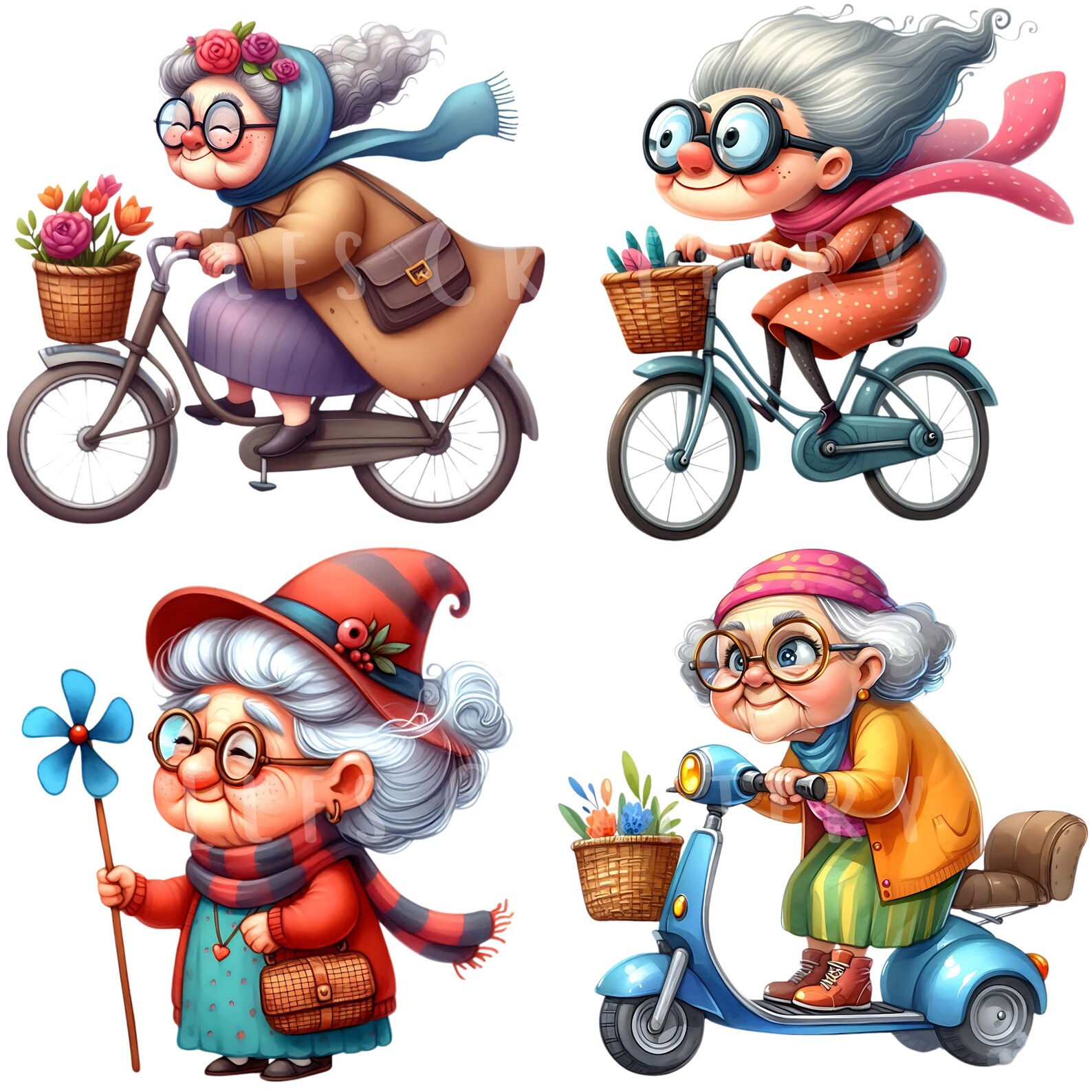 Funny Grandma Clipart Bundle 15 PNG High Quality Watercolor Cute Quirky ...