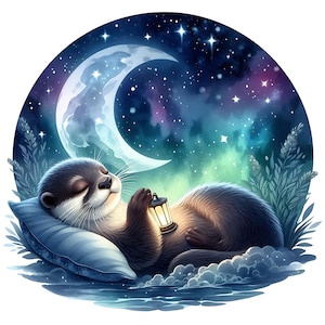 May include: A whimsical illustration of a sleeping otter nestled on a blue pillow under a crescent moon and starry night sky. The otter holds a glowing lantern, surrounded by soft clouds and foliage. The color palette includes blues, purples, and greens.