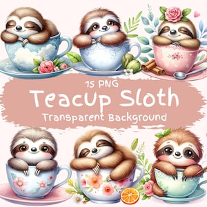 Pacchetto di Clipart di Bradipo da Tazza da Tè 18 PNG Carino Bradipo Floreale ad Acquerello Vintage Tazza da Tè Arte Digitale Stampabile Bradipo Bambino Creazione di Biglietti Download Digitale