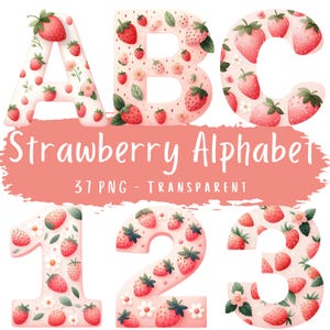 Paquete de 37 imágenes prediseñadas del alfabeto de fresas, acuarela, bayas, primeros números, adornos para tartas, letras de fresa, descarga digital