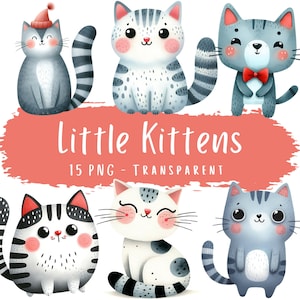 Pacchetto di 15 Clipart di gattini, 15 PNG, acquerello di alta qualità, gatto carino, download digitale, carta stampabile, lavoretti per bambini, illustrazioni di gatti.