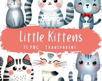 Kleine Kätzchen Clipart Bundle 15 PNG hochwertige Aquarell süße Katze Digital Download druckbare Papier Handwerk Kindergarten Kunst Katzen Illustrationen