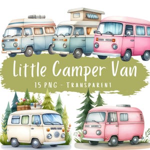 Petit camping-car Clipart Bundle 15 PNG haute qualité aquarelle Nature Van vie en téléchargement numérique Rose Van Images graphiques numériques imprimables