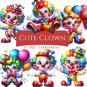 Cute Clown Clipart Bundle 15 PNG High Quality Cartoon Funny Clown Digital Download Art Files Fun Party Balloon Clown Circus Digital Files