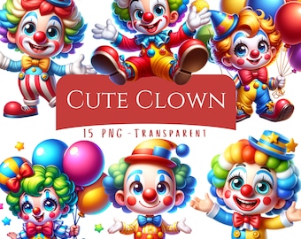 Cute Clown Clipart Bundle 15 PNG High Quality Cartoon Funny Clown Digital Download Art Files Fun Party Balloon Clown Circus Digital Files
