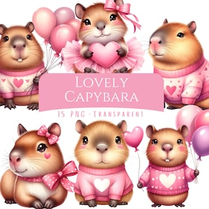 Lovely Capybara Clipart Bundle 15 PNG High Quality Watercolor Cute Pink Capybara Digital Download Art Printable Valentine Capybara Stickers