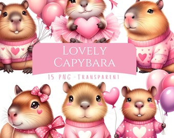 Lovely Capybara Clipart Bundle 15 PNG High Quality Watercolor Cute Pink Capybara Digital Download Art Printable Valentine Capybara Stickers