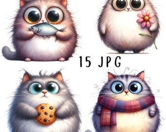 Może przedstawiać: Cztery ilustracje kotów z kreskówek. Jeden kot jest brązowy i trzyma rybę. Inny jest biały z różowym kwiatem. Trzeci jest szary z ciastkiem, a ostatni jest szary z szalikiem. Tekst "15 JPG" znajduje się pośrodku.