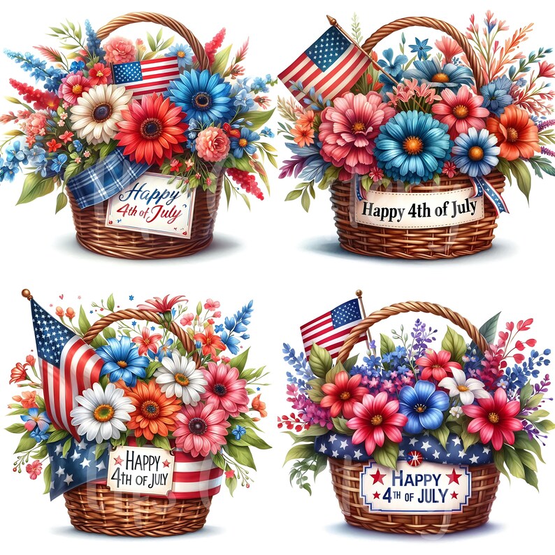 15 JPG Happy 4th of July Flower Basket Clipart Bundle Watercolor Floral ...