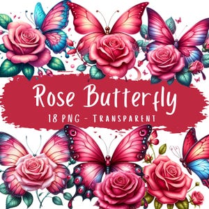 Ensemble de cliparts papillon rose 18 PNG de haute qualité aquarelle Rose en téléchargement numérique, art numérique imprimable, fabrication de cartes, scrapbooking, png