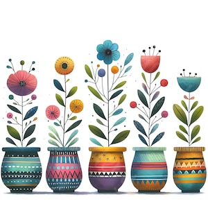 15 JPG Colorful Flower Pots Digital Art Bundle Beautiful Whimsical Watercolor Florals Digital Download Printable Plant Scrapbook Paper Craft