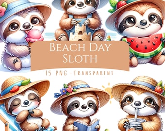 Zestaw clipartów Beach Day Sloth 15 PNG wysokiej jakości akwarela Letni leniwiec cyfrowy do pobrania Wydrukuj sezon letni Zwierzęta Scrapbook Art