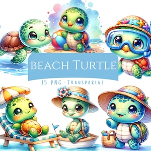 Paquete de imágenes prediseñadas de tortugas de playa, 15 archivos PNG de descarga digital de tortugas marinas en acuarela, lindas imágenes prediseñadas de un día de verano, arte de manualidades digitales de tortugas bebés