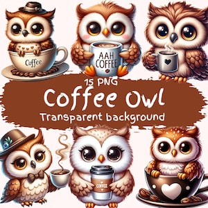 Koffieuil clipartbundel 15 PNG hoge kwaliteit cartoon schattige bosuil digitale download afdrukbare digitale stickers koffieliefhebber dieren kunst