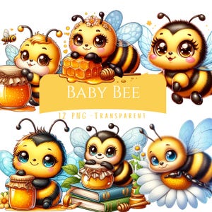 Könnte beinhalten: Digitale Illustration mit mehreren Cartoon-Babybienen mit großen Augen, Flügeln und gestreiften Körpern. Einige Bienen halten Honigtöpfe oder Waben. Der Text "BABY BEE" wird auf einem gelben Banner mit "12 PNG - TRANSPARENT" darunter angezeigt.